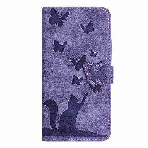 Skyhewen for iPhone 13 Case, Cat and Butterfly PU Leather Flip Wallet Protective Case with Card Slots Kickstand Magnetic Closure Shockproof Phone Case Cover for iPhone 13, Purple