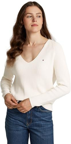 Tommy Hilfiger Pull Femme Cardi Fine Col en V, Ivoire (Ivory Petal), S
