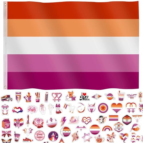 Lesbische Pride-Flagge, 90 x 152 cm, Stolzmonat, Zubehör, Sonnenuntergang, Lesben, Regenbogen-Banner, Dekorationen, Stuff für Paraden, Regenbogen-Festival, Party mit 60 Stikern