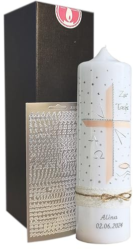TAUFKERZE, KOMMUNIONKERZE, Junge, Mädchen, Kreuz Hautfarbig, 250/70 mm, mit Zubehör zum selbstbeschriften und Aufbewahrungskarton - Handarbeit, Wachsmotiv