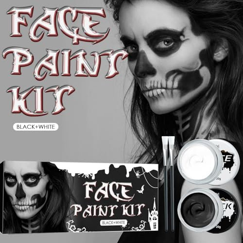 Peinture Visage Noir Blanc,Noir Blanc Visage Peinture Corps,avec 2 Pinceaux de Maquillage,Blanc Noir Kit Peinture Visage,Peinture Corporelle,pour Halloween,Carnaval,Soirées à Thème