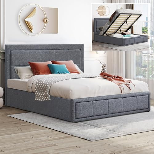 Blisswood Ottoman Bed Frame, 4ft Small Double Upholstered Ottoman Bed, UKFR Linen Fabric Ottoman Storage Bed With Gas Lift End Opening Wooden Slats With Storage Bed (4ft Small Double, 130 x 204 cm)