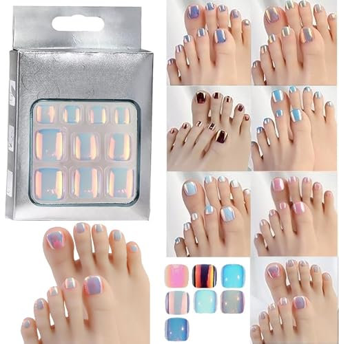 24 Pcs False Toenails Ombre Cat Eye Aura Pearlescent Mermaid Glitter Colour Gloss Finish Full Cover Press On False Fake Artificial Toenails