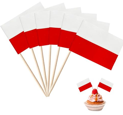 Catelves 100 Stück Polen Flagge,Polen Zahnstocher Holz,Polen Deko Party Spieße Fingerfood,Zahnstocher mit Fähnchen für Cake Obst Sandwich Hamburger Cocktail Zubehör