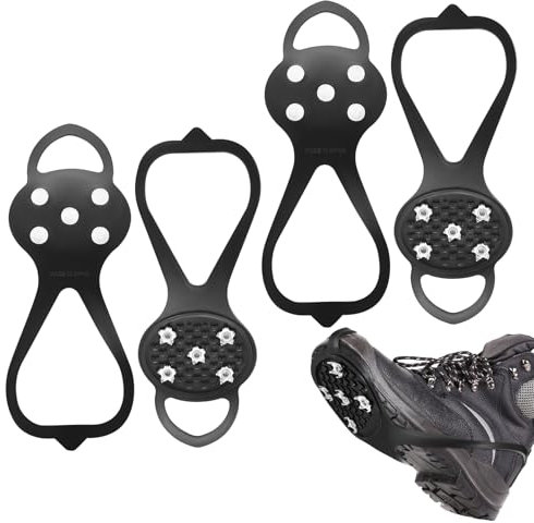 2 Pairs Ice Snow Grippers for Boots and Shoes, Ice Snow Grips, Traction Cleats Crampons for Hiking Boots Shoes, Anti Slip Snow Spikes Over Shoe Boot Ice Grippers with 5 Studs for Hiking Climbing