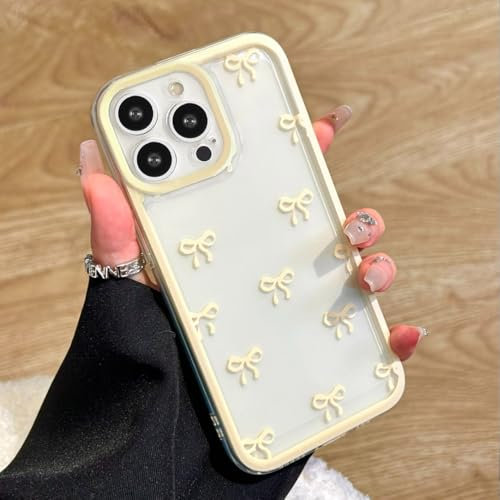 EYZUTAK Case for iPhone 14 Pro Max, Clear Cute Ribbon Bowknot Pattern Aesthetic Transparent Phone Case Raised Camera Protection Stylish Slim Soft Durable TPU Protective Cover for Women Girls - Yellow