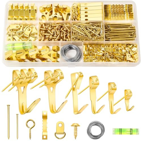 Votoko 400 Stück Bildaufhänger set, Bilderhaken, Bildaufhänger mit Draht, D Ringen, Zackenaufhänger & Schrauben für Haus Büro Foto Bild Malerei Hängen (Gold)