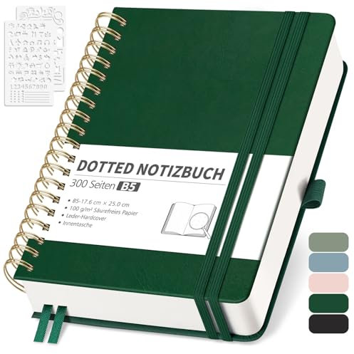 RETTACY Notizbuch B5 Dotted, Bullet Dot Journal mit 100 g/m² Dickem Papier, 150 Blatt, Notebook für Büro und Schule, Lederhülle, Lederhülle, 17.6 cm x 25 cm