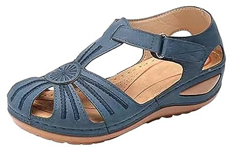 Art Sandalen Damen Extra Breite Schuhe Damen Damen-Damen-Mädchen-Bequeme knöchelhohe runde Zehensandalen mit weicher Sohle Ballerina Breite Füße Damen Damen Schuhe Tailor (Blue, 39)