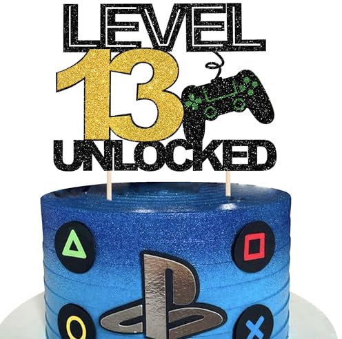 SYKYCTCY 1 Pack 13 Video Game Cake Topper Glitter Gaming Level Unlocked 13th Birthday Cake Pick Game On Controllers Cake Decoration for Boys Girls 13th Birthday Anniversary Party Decoration Supplies