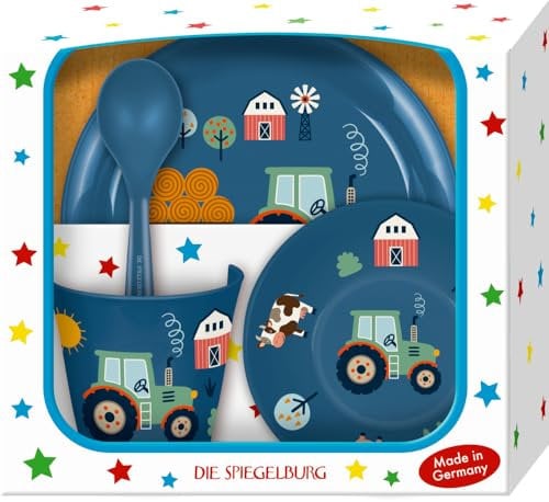 Geschirr Geschenkset Traktor | Kinder Geschirrset BPA-frei | Spülmaschinenfestes Geschirrset für Kinder | Baby Geschirr ab 6 Monaten | Geschenkidee zum ersten Geburtstag