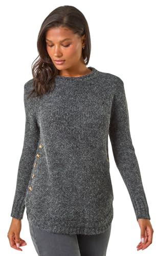 Roman Button Detail Curved Hem Jumper for Women UK - Ladies Autumn Everyday Winter Holiday Round Neckline Comfy Long Sleeve Soft Top Day Office Sweaters - Black - Size 14