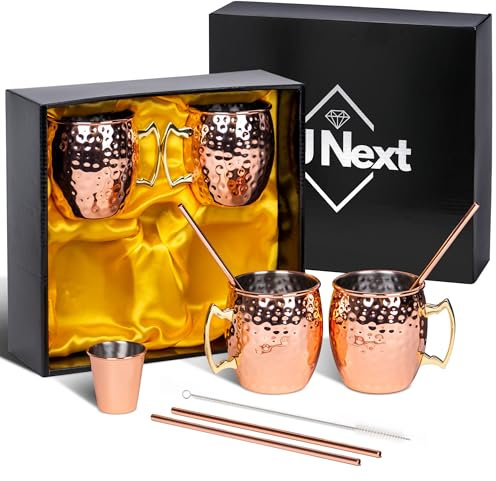 Moscow Mule Mugs - 16oz Hammered Copper Mugs Set of 4 with 4 Copper Straws, 1 Shot Glass - Copper Cups with Stainless Steel Lining for Bars, Gift Packaging, Beers, Wines - Perfect for Drinking