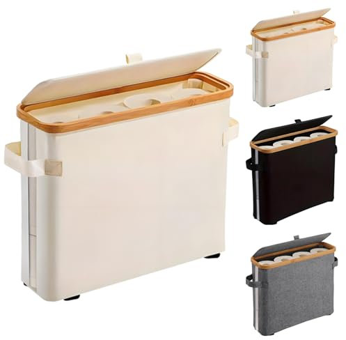 WANCHIY 32L Foldable Toilet Roll Storage Basket for 16 Rolls, Waterproof Toilet Paper Storage Container with Lid, Bathroom Storage Box, Toilet Roll Basket with Handle (Beige)