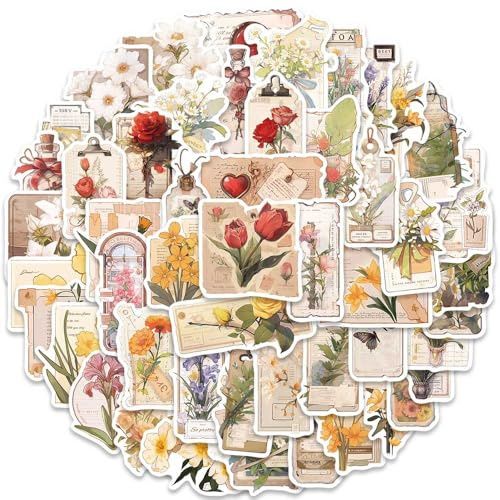 50 Pcs Retro Flower Stickers Pack for Kids Teens Adults, Vintage Floral Stickers Waterproof Vinyl Decals for Scrapbook Water Bottles Laptops Phones Bike Skateboards Lugguage