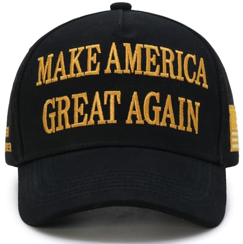Donald Trump 2024 45-47 Never Surrender MAGA Hat, Make America Great Again Slogan mit USA-Flagge, Schwarz & Gold, verstellbare Kappe