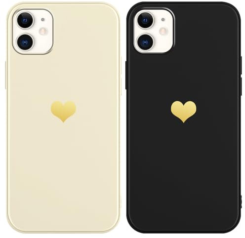 Yoedge 2 Pack Black & Beige Heart Phone Case for iPhone 12/12 Pro, Soft TPU Silicone with Love Aesthetics Pattern, Shockproof Bumper Protector Matte Cover for Women