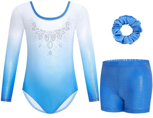Gogokids Tredelad gymnastikdräkt för flickor, långärmad gymnastikset med shorts och hårband, glittrande balettrikåer, gymnastikoutfit med färggradient, för 3–12 år