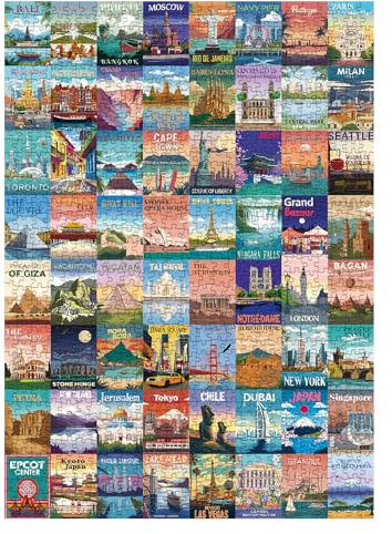 World Landmarks Travel Puzzle 1000 Pieces for Adult, Nature Landscape Art Jigsaw Puzzle New York Paris Scenic, Travel City Beach Scenery Poster Puzzle