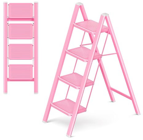GameGem 4 Step Ladder, 4 Step Stool for Adults, Folding Step Ladder with Secure Footing, Widened Pedal, Aesthetically Pleasing Looking, Blends Right into Domestic Rooms, Pink