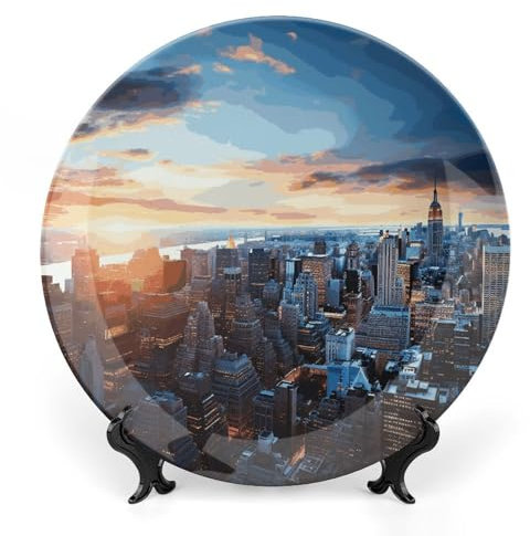 HJUQNGF Keramikteller zur Dekoration, New York City Skyline, Knochenporzellan, dekorativer Teller mit Präsentationsständer, 15,2 cm, Keramik-Kollektionen, Teller, dekoratives Ornament für