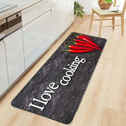 Alishomtll Läufer Flur Teppich rutschfest 60x180cm Küchenläufer Anti-Rutsch Waschbar Schmutzabweisend Saugfähig Läufer Cooking Küchenteppich Pflegeleicht für Küche Innen Wohnraum, Schwarz
