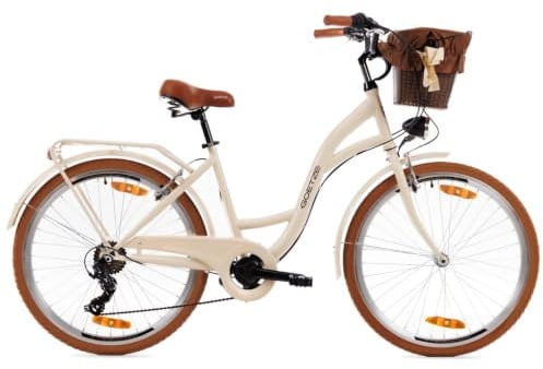 Goetze Mood Damen Fahrrad, City Bike 26/28 Zoll, 6/7-Gang mit Korb | Tiefeinstieg, Shimano-Antrieb, V-Brakes, LED-Beleuchtung, Reflektoren, komplett ausgestattet