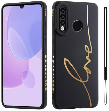 HAONANDE Étui pour Huawei P30 Lite, Housse Mignon Bling de Luxe pour Filles Femme avec Doré Motif de Coeur d'amour dragonne Cordon, Ultra Fine Souple TPU Antichoc Coque Noir