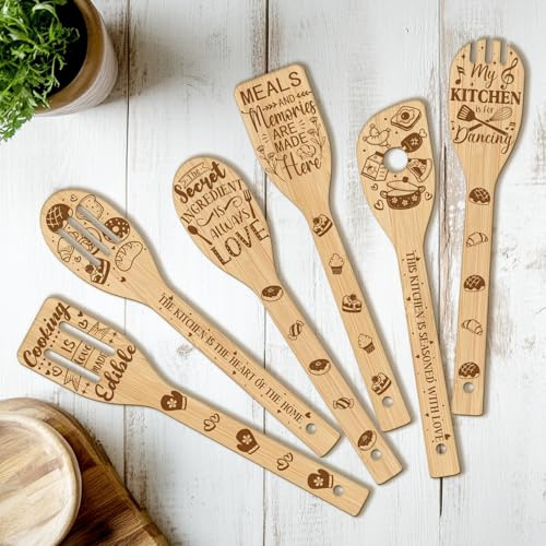 CUTHOLLOW 6PCS Funny Kitchen Wooden Kitchen Cooking Utensil Set, Non Toxic Bamboo Wood Spoon Set for Cooking, Best Housewarming Birthday Thanksgiving for Women Mother