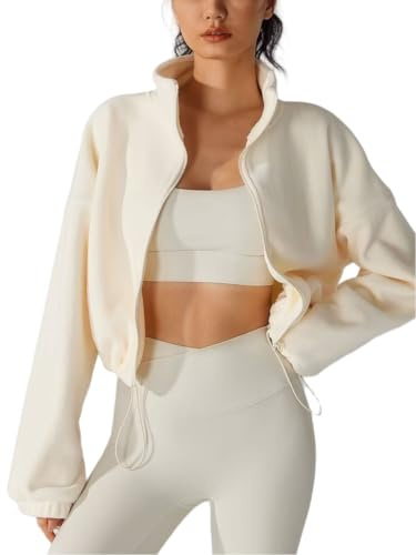 SHELOOKS Womens Casual Fleece Short Jacket Full Zip Stand Collar Sherpa Crop Coat (Ivory, Small)