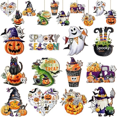 FOSDICK 24pcs Halloween Wooden Hanging Ornaments, Pumpkin Ghost Magic Black Cat Halloween Hanging Ornaments, Tree Decorations with Rope for Home Party Decor Multiple Sizes