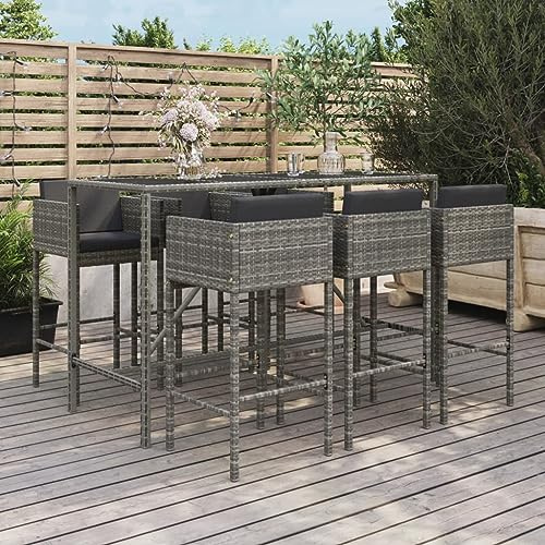 Qnhdfrt Gartenbar Set 6 Stühle Grau PE Rattan Bartisch mit Hartglasplatte 180x70x110 cm Wetterfestes Lounge Möbel für Terrasse Garten Balkon