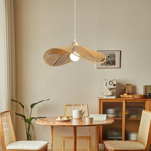 NOCHX Vintage WabiSabi Style Lampe Suspendue E27 De Paille Chapeau en Forme De Rattan Tissé Restaurant Lustre Hauteur Réglable Lampes Suspendues Adaptées À La Cuisine Et Au Salon(Single Layer 50cm)