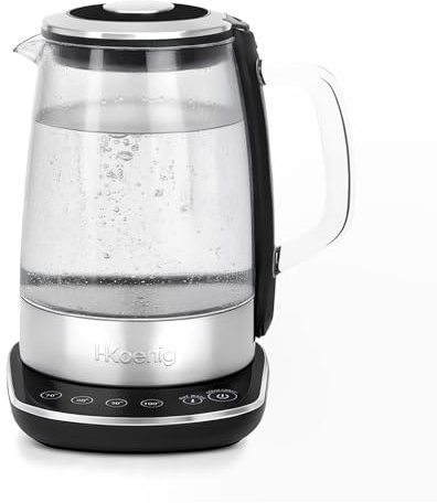 H.Koenig Hervidor Eléctrico Programable BO600, 1,5 L, Vidrio y Acero Inoxidable, 4 Temperaturas Ajustables de 70 °C a 100 °C, Función de Mantenimiento del Calor 30 min, Potente 2200 W, Práctico y Efic