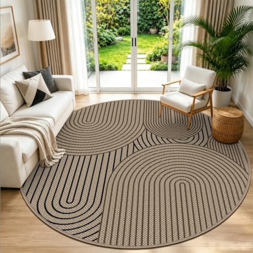 VSIWB Teppich rund 200 cm, Leichter Jute Aussehen Teppich, rutschfest Wohnzimmerteppich, Outdoor Teppich Waschbarer, Minimalistisch Boho Teppich Braun für Schlafzimmer, Wohnzimmer und Balkon