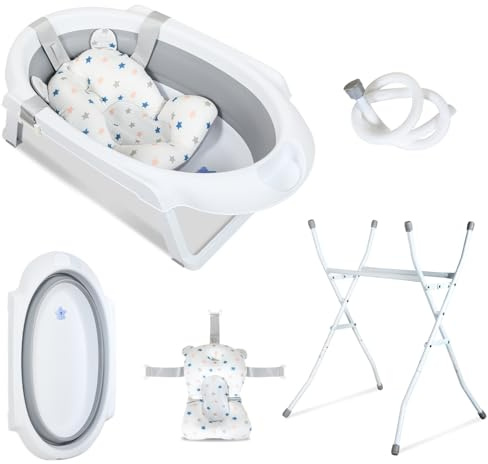 Hebitod Baby Badewanne mit Gestell faltbare Babywanne Baby Wanne platzsparend, Babybadewanne mit Badekissen, Ablaufschlauch, Temperaturanzeige Wasserstopfen, stabile faltbare Badewanne Grau