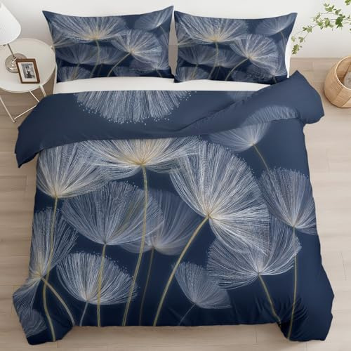 Bettwäsche 240 x 220 cm 3teilig, Weiß Elegant Pusteblumen Pflanzen Wendebettwäsche Gebürstet Microfaser - Grau Deckenbezug - Weich Atmungsaktiv Bettbezug mit Reißverschluss und 2 Kissenbezug 80x80cm