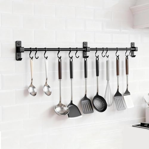 AMONENZ Appendi Mestoli da Cucina 80 cm, Barra Portautensili Cucina con 12 Ganci Rimovibili, Alluminio Barra Appendi Utensili da Cucine, Nero Ganci per Cucine, per Taglieri, Cucchiai, Forbici