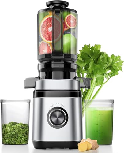 Juicer Machines, Cold Press Juicer with 110mm Wide Feed Chute, 1.2L Capacity, 350W Slow Masticating Juicer Whole Fruit and Vegetable, High Juice Yield, Large Auger, Easy to Clean, Silver