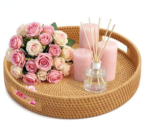 Round Rattan Tray, Hand Woven Serving Basket with Handles, 35cm Natural-Rattan Serving Tray for Home Decor, Woven Serving Trays for Coffee Table Basket for Bread Fruit Candles