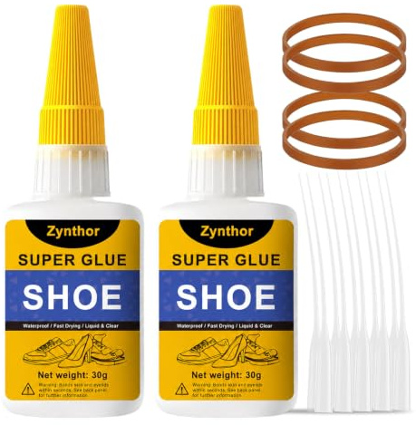 Zynthor Shoe Glue 60g(2 x 30g), Extra Strong Super Glue for Shoes | Clear Waterproof Shoe Sole Adhesive with Anti-Clog Cap and 10 Precision Tips for Trainers, Boots, Leather and Rubber