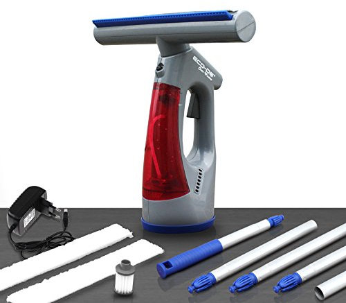 ECODE® Lavavetri Elettrico Telescopico con Aspiragocce e Serbatoio, Pulisci Vetri Aspira Acqua e Liquidi per Pulizia Finestre Box Doccia e Auto, Senza Fili e Manico Estensibile, 2 Panni in Microfibra