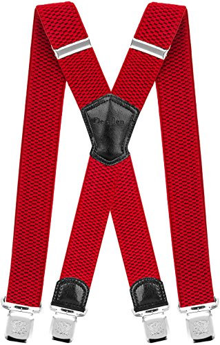 Decalen Hosenträger für Herren Breit 4 cm mit sehr Starken 4 Metall Clip Lang Einheitsgröße für Männer und Damen Einstellbar und Elastisch X Style (Rot)