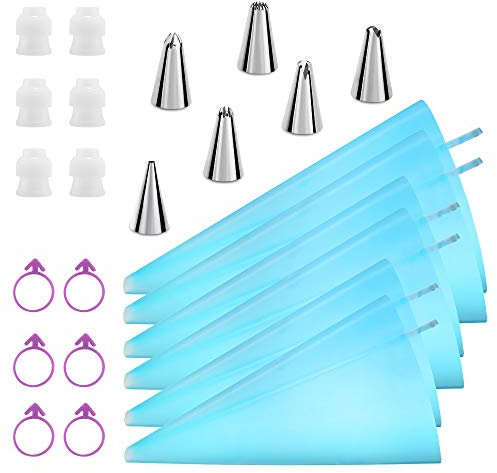 Kasmoire Reusable Silicone Piping Bags Set, 6 Pieces with 6 Tips, Couplers & Ties, Blue, Cake Decorating Tools for Icing, Cookie, Cupcakes