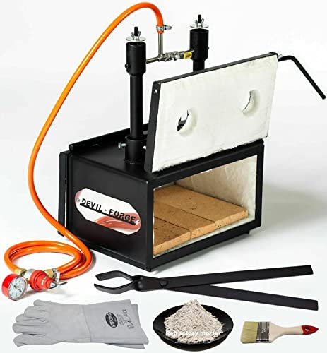 DEVIL-FORGE Fragua de gas DFHS2+2D/5.2” Horno de Forja, 2 Quemadores DFP (160.000 BTU) usas 1 o 2, Válvula de bola gas, Estrangulador de aire, 2 Puertas, cuchillos, herraduras, Herrero Herrador 1370°C