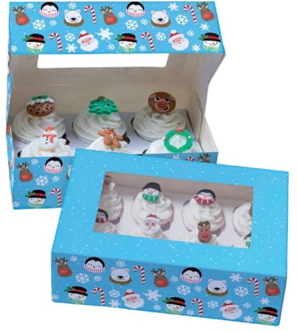 Baked with Love Christmas Friends Cupcake Boxes, Twin Pack, To Carry Tasty Festive Treats, Dual Insert for 6 Standard or 12 Mini Cupcakes or Muffins, Snowman, Santa, Rudolph, And Penguin, Pack of 2