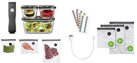 CASO Vacu OneTouch Eco-Set, Handvakuumierer inkl. 3 Vakuumbehälter aus Glas, 10 ZIP-Beutel und Food Manager Sticker, kabellos, bis zu 150 Minuten Laufzeit, aufladbar & Vacu ZIP-Adapter Set
