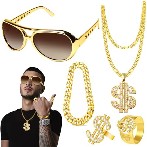 OPEIXSAYKOC 5 PCS Dollar Kette set,Hip Hop Kostüm Set,Dollar Zeichen Goldkette kit,Goldkette Sonnenbrille Goldring,80s/90s Rapper Accessories,Hiphop Punk Gold Kette,Fasching Accessoires,Mottoparty