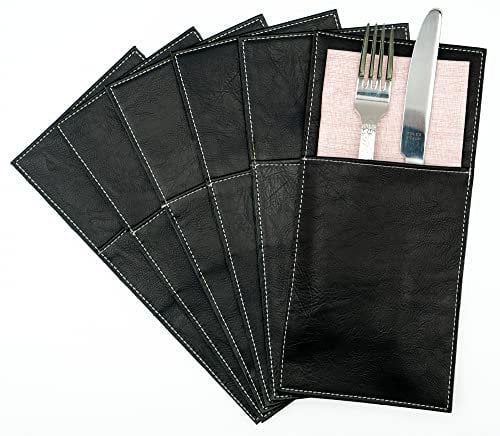 Bestecktaschen 6er Pack aus PU Leder | Besteckhalter mise en place für Besteck und Serviette abwaschbar Kunstleder Lederoptik vegan für Gastronomie und zu Hause „vintage“ Look (Nachtschwarz)