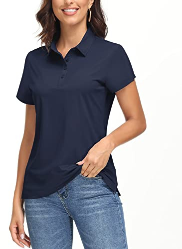 EKLENTSON Ladies Short Sleeve Golf Polo Lightweight Quick Dry Sport Workout T-Shirts Tops with Buttons Navy,XXL